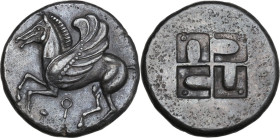 Continental Greece. Corinthia, Corinth. AR Stetar, c. 550-500 BC. Obv. Pegasos flying left; koppa below. Rev. Quadripartite incuse square with swastik...