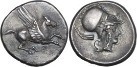 Continental Greece. Corinthia, Corinth. AR Stater, c. 400-375 BC. Obv. Pegasos flying right; koppa below. Rev. Helmeted head of Athena right; aphlasto...