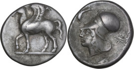 Continental Greece. Corinthia, Corinth. AR Stater, c. 400-375 BC. Obv. Pegasos standing left; koppa below. Rev. Helmeted head of Athena left; before, ...