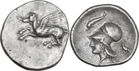 Continental Greece. Corinthia, Corinth. AR Stater, c. 400-375 BC. Obv. Pegasos flying left; below, koppa. Rev. Helmeted head of Athena left; above, do...