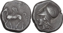 Continental Greece. Corinthia, Corinth. AR Stater, c. 400-375 BC. Obv. Pegasos walking left; koppa below. Rev. Head of Athena left, wearing Corinthian...