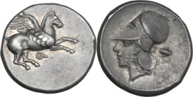 Continental Greece. Corinthia, Corinth. AR Stater, c. 375-300 BC. Obv. Pegasos flying right; below, koppa. Rev. Helmeted head of Athena left; behind, ...