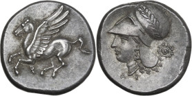 Continental Greece. Corinthia, Corinth. AR Stater, c. 350/45-285 BC. Obv. Pegasos flying left; koppa below. Rev. Head of Athena right, wearing Corinth...