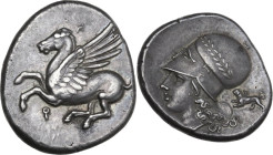 Continental Greece. Corinthia, Corinth. AR Stater, c. 375-300 BC. Obv. Pegasos flying left; koppa below. Rev. Head of Athena left, wearing Corinthian ...