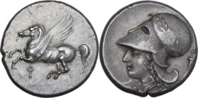 Continental Greece. Corinthia, Corinth. AR Stater, c. 345-307 BC. Obv. Pegasos flying left; koppa below. Rev. Head of Athena left, wearing laureate Co...