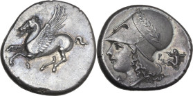 Continental Greece. Corinthia, Corinth. AR Stater, c. 345-307 BC. Obv. Pegasos flying left; koppa below. Rev. Head of Athena left, wearing laureate Co...