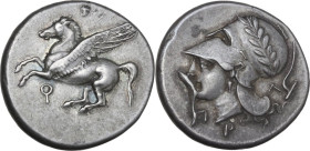 Continental Greece. Corinthia, Corinth. AR Stater, c. 375-300 BC. Obv. Pegasos flying left; below, koppa. Rev. Head of Athena right, wearing Corinthia...