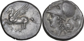 Continental Greece. Corinthia, Corinth. AR Stater, c. 345-307 BC. Obv. Pegasos flying left; koppa below. Rev. Helmeted head of Athena left; Δ-I flanki...