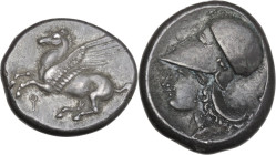 Continental Greece. Corinthia, Corinth. AR Stater, c. 375-300 BC. Obv. Pegasos flying left; koppa below. Rev. Helmeted head of Athena left; behind, tr...