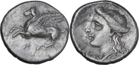 Continental Greece. Corinthia, Corinth. AR Drachm, c. 330 BC. Obv. Pegasos flying left; koppa below. Rev. Head of Aphrodite left; A(?) below chin. HGC...
