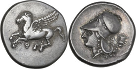 Continental Greece. Corinthia, Corinth. AR Stater, c. 350/45-285 BC. Obv. Pegasos flying left; below, koppa. Rev. Helmeted head of Athena left; behind...