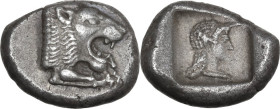 Greek Asia. Caria, Knidos. AR Drachm, c. 500-490 BC. Obv. Forepart of roaring lion right. Rev. Head of Aphrodite right, wearing tainia, within incuse ...