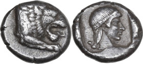 Greek Asia. Caria, Knidos. AR Drachm, c. 465-449 BC. Obv. Forepart of roaring lion right. Rev. Head of Aphrodite right, wearing tainia and necklace, w...
