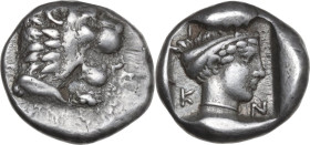 Greek Asia. Caria, Knidos. AR Drachm, c. 405-394 BC. Obv. Forepart of roaring lion right. Rev. K-N-I. Head of Aphrodite right, wearing tainia and neck...