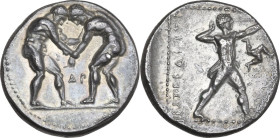 Greek Asia. Pamphylia, Aspendos. AR Stater, c. 380/75-330/25 BC. Obv. Two wrestlers grappling; ΔP between. Rev. EΣTFEΔIY. Slinger in throwing stance r...
