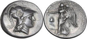 Greek Asia. Pamphylia, Side. AR Tetradrachm, c. 183-175 BC. Obv. Head of Athena right, wearing crested Corinthian helmet; c/m: Seleukid anchor within ...