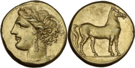 Africa. Zeugitania, Carthage. EL Stater, c. 290-270 BC. Obv. Head of Tanit left, wearing wreath of grain, triple-pendant earrings. Rev. Horse standing...