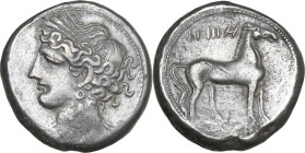 Africa. Zeugitania, Carthage. AR Quarter Shekel. Libyan Revolt, c. 241-238 BC. Obv. Wreathed head of Tanit left, wearing single-pendant earring and ne...