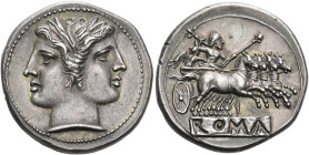 Latium, Rome
Quadrigatus circa 225-214, AR 23 mm, 6.66 g. Laureate Janiform head of the Dioscuri. Rev. Jupiter, holding sceptre and hurling thunderbo...
