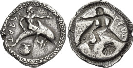 Calabria, Tarentum
Nomos circa 510-450, AR 24 mm, 7.96 g. TARAS retrograde Oecist seated on dolphin r., l. arm extended; below, pecten. Rev. The same...