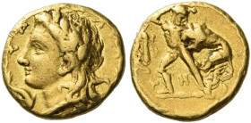 Tarentum
Diobol or sixth stater circa 320-315, AV 10 mm, 1.43 g. [TAPAΣ] Head of Apollo l., with long hair, wearing laurel wreath; ΣA to upper l.; to...