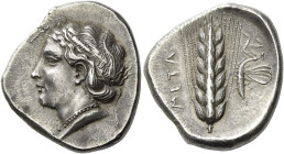 Metapontum
Nomos attributed to Aristoxenos circa 430-400, AR 23 mm, 7.99 g. Head of Demeter l., wearing pendant and necklace; her hair fastened at th...