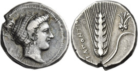 Metapontum
Nomos circa 400-340, AR 21 mm, 7.73 g. Head of Demeter r., hair bound with fillet, wearing earring. Rev. METAΠONTIO[N] Ear of barely with ...