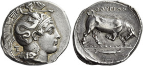 Thurium
Nomos signed by Molossos circa 400-350, AR 23 mm, 7.98 g. Head of Athena r., wearing crested Attic helmet decorated with Scylla hurling a sto...