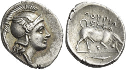 Thurium
Triobol circa 350-300, AR 11 mm, 1.04 g. Head of Athena r., wearing crested Attic helmet, decorated with wing. Rev. ΘΟΥΡΙΩΝ Bull butting r.; ...