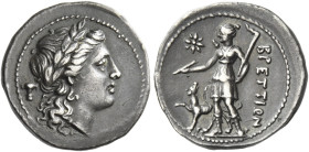 Bruttium, The Brettii
Hemidrachm circa 216-214, AR 16 mm, 2.33 g. Laureate head of Apollo r.; in l. field, plectrum. Rev. BPETTIΩN Artemis standing l...