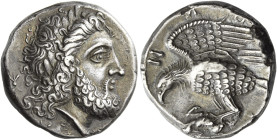 Locri Epizephiri
Nomos circa 320-280, AR 19 mm, 7.61g. Laureate head of Zeus r.; behind, thunderbolt. Rev. [ΛOKPΩ]N Eagle flying l. with dead hare in...