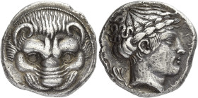 Rhegium
Tetradrachm circa 415-400, AR 24 mm, 16.71 g. Lion’s mask facing. Rev. PΗΓΙΝΟΝ Laureate head of Apollo r.; behind, two olive leaves. SNG Fitz...