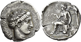 Terina
Nomos circa 420-400, AR 23 mm, 7.64 g. TEPINAION Head of the nymph Terina r. Rev. Nike seated l. on cippus decorated with pomegranate, holding...
