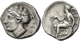 Terina
Nomos circa 420-400, AR 22 mm, 7.96 g. TEPI[N – AIO]N Head of nymph Terina l., wearing sphendone; in r. field, Π. Rev. Nike seated l. on cippu...