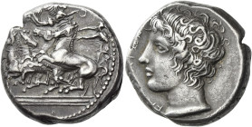 Catana
Tetradrachm circa 405, AR 25 mm, 17.20 g. Fast quadriga driven l. by charioteer, holding reins in both hands; above, Nike flying r. to crown h...