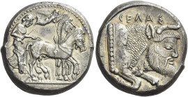 Gela
Tetradrachm circa 480-470, AR 17.23 g. Slow quadriga driven r. by charioteer holding kentron and reins; above, Nike flying r. to crown the horse...