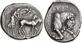 Gela
Tetradrachm circa 450-440, AR 28 mm, 17.44 g. Slow quadriga driven r. by charioteer, holding reins and kentron; in field above, Nike flying r. t...