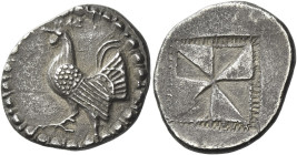 Himera
Calcidian drachm circa 530-520, AR 22 mm, 5.27 g. Cockerel advancing l., with r. claw raised. Border of dots. Rev. Windmill sail pattern of fo...