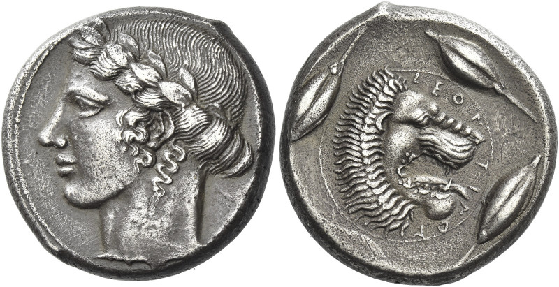 Leontini
Tetradrachm circa 435-430, AR 24 mm, 16.92 g. Laureate head of Apollo ...