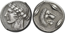Leontini
Tetradrachm circa 435-430, AR 24 mm, 16.92 g. Laureate head of Apollo l., hair plaited wreath-like around the head. Rev. LEON – TI – NON Lio...