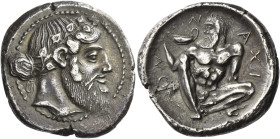 Naxos
Tetradrachm circa 460, AR 29 mm, 16.97 g. Bearded and ivy-wreathed head of Dionysos r., his hair tied in a krobylos at nape of neck. Rev. Ν – Α...