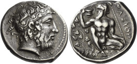 Naxos
Tetradrachm circa 420-415, AR 26 mm, 16.94 g. Bearded head of Dionysus r., hair bound with stephane adorned with ivy-wreath. Rev. Bearded, nake...