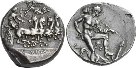 Segesta
Tetradrachm circa 415-409, AR 25 mm, 17.06 g. [ΣE]ΓE-ΣTAI[IA] Demeter (?), wearing a long chiton, driving a fast quadriga r., holding grain-e...
