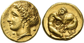 Syracuse
Double decadrachm or 100 litrae circa 405-400, AV 14 mm, 5.79 g. ΣΥΡΑΚΟΣΙΩΝ Head of nymph Arethusa l., hair elaborately waved and caught up ...