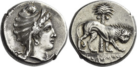 The Carthaginians in Sicily and North Africa
Tetradrachm, uncertain mint in Sicily circa 320-310, AR 26 mm, 17.14 g. Female head r., wearing oriental...