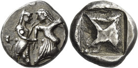 Thraco-Macedonian Tribes, Berge (?)
Stater circa 520-485, AR 21 mm, 9.48 g. Nude ithyphallic satyr grasping r. arm of nymph, trying to move away from...