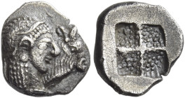 Bottians of Bottike
Trihemiobol (?), Kalindoia 500-475, AR 10 mm, 0.93 g. Jugate heads of Europa, hair bound in taenia, and bull r. Rev. Quadripartit...