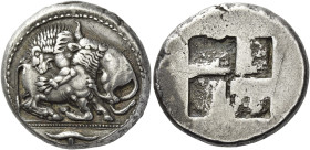 Macedonia, Acanthus
Tetradrachm circa 525-470, AR 25 mm, 17.16 g. Bull with head raised, crouching to r. attacked by lion leaping on its back to l.; ...