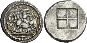 Acanthus
Tetradrachm circa 480-470, AR 29mm, 17.56 g. Lion r., attacking bull kneeling to l. and bitting into his hind quarters; above, Θ - Δ. In exe...