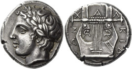 Olynthus, Chalcidian league
Tetradrachm circa 410-400, AR 24 mm, 14.47 g. Laureate head of Apollo l. Rev. Χ – Α – Λ – ΚΙΔ – ΕΩΝ Seven-stringed cithar...